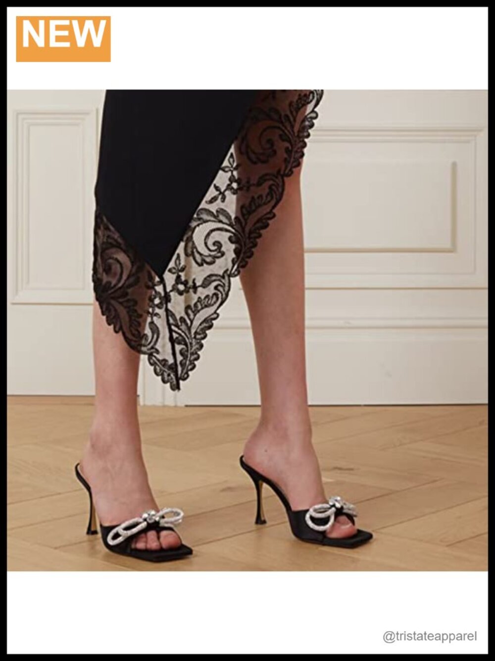 Women's Heeled Sandals Double Rhinestone Bow Satin Mules Square Open Toe - Picture 3 of 5